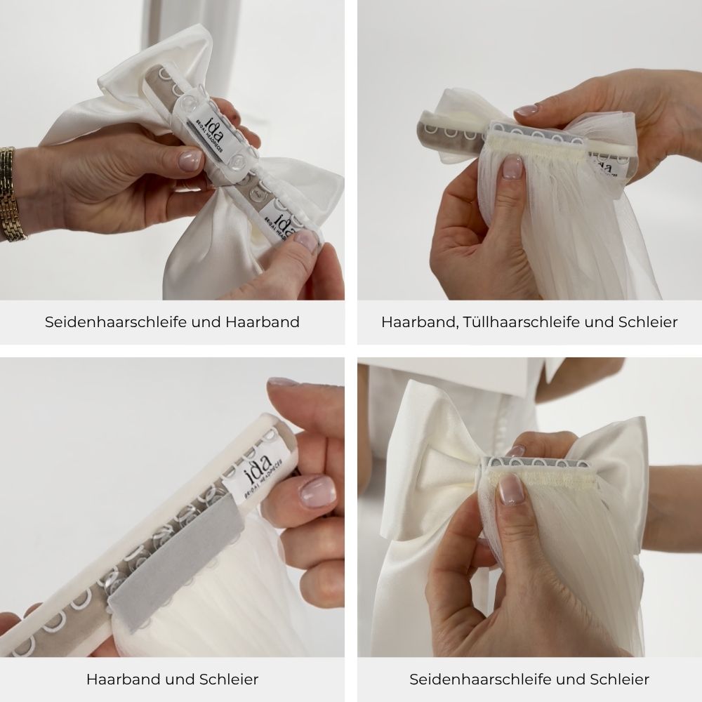 Die Kombinationsmöglichkeiten Haarband, Haarschleife und Schleier werden vorgestellt