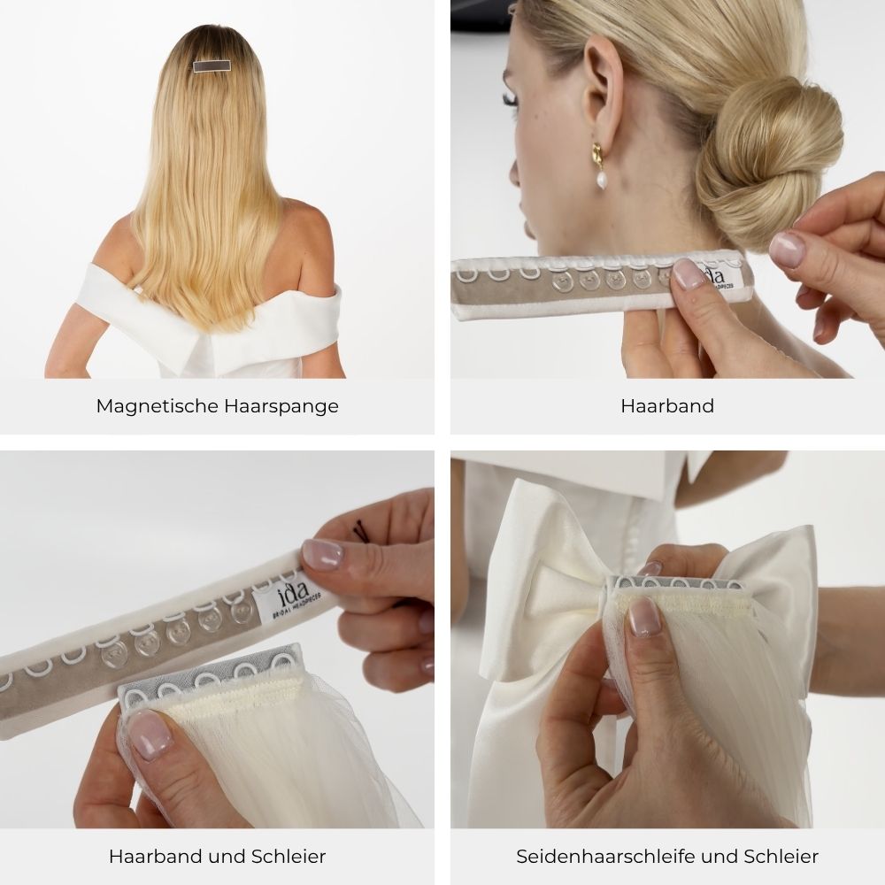 Die Kombinationsmöglichkeiten Haarband, Haarschleife und Schleier werden vorgestellt
