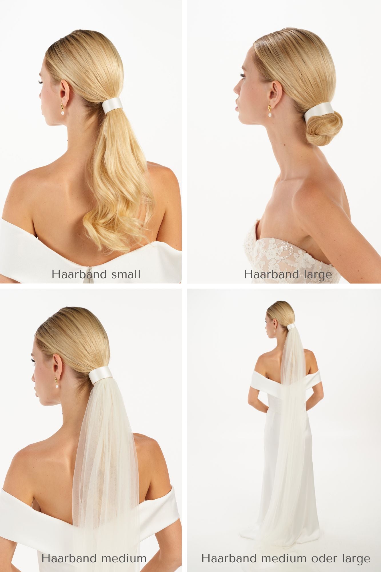 Eine Braut trägt ein Seiden-Haarband mal mit, mal ohne Schleier an unterschiedlichen Frisuren und Kleidern