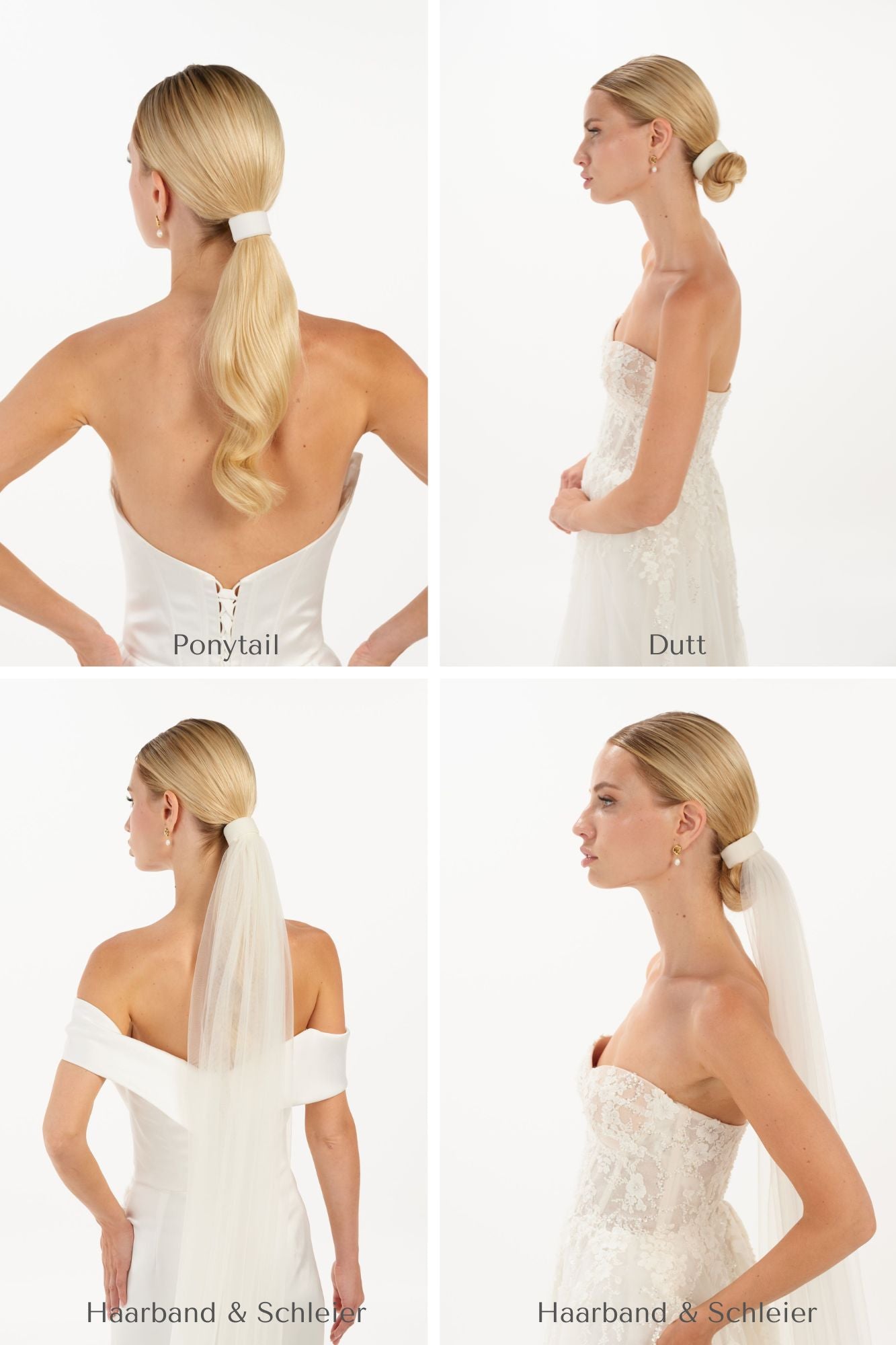 Eine Braut trägt ein Tüll-Haarband mal mit, mal ohne Schleier an unterschiedlichen Frisuren und Kleidern