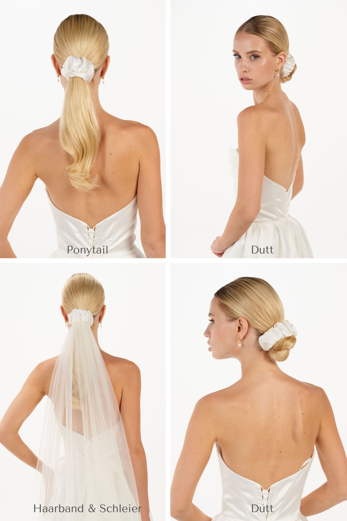 Eine Braut trägt ein gerafftes Seiden-Haarband mal mit, mal ohne Schleier an unterschiedlichen Frisuren und Kleidern