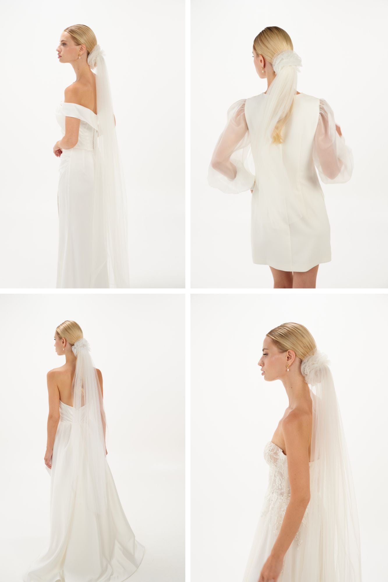 Eine Braut trägt ein gerafftes Tüll-Haarband & Schleier an unterschiedlichen Frisuren ud Kleidern