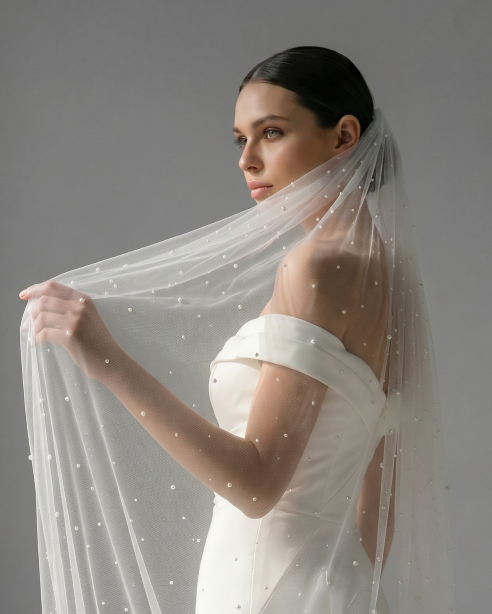 Eine Braut mit Bun, cleanem Kleid spielt mit ihrem Perlenschleier